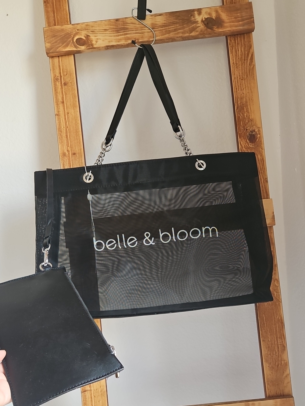 NWOT Belle & Bloom "Wild Lover" Mesh & Silver Chain Tote Bag + Pouch – Black - Picture 7 of 7